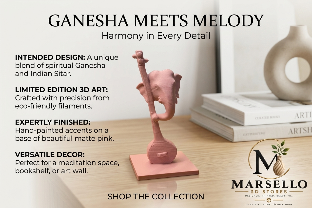 Harmony in Form: The Sitar Ganesha Sculpture 3d Print