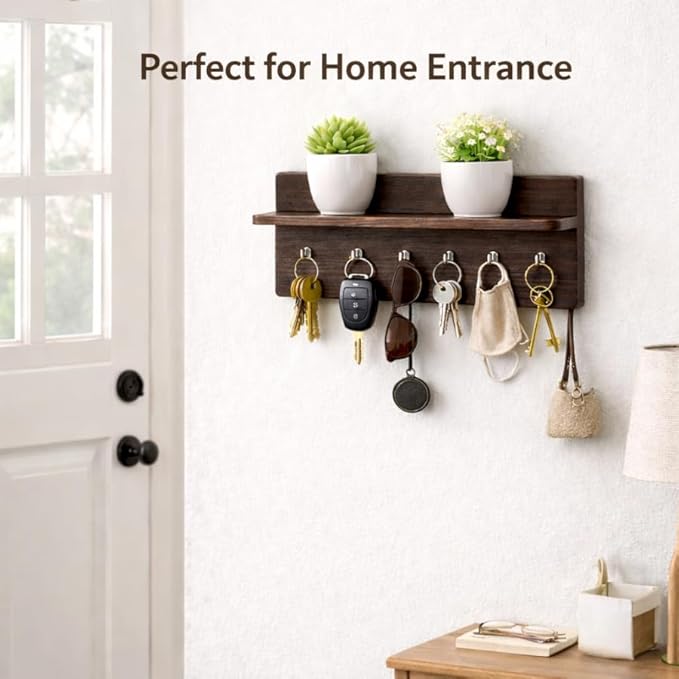 Premium Wooden Key Holder for Wall with Shelf | 6 Hooks Wall Mounted Key Organizer Rack | Decorative Entryway Key Hanger for Keys, Sunglasses & Accessories | 9 x 6 Inch (1)