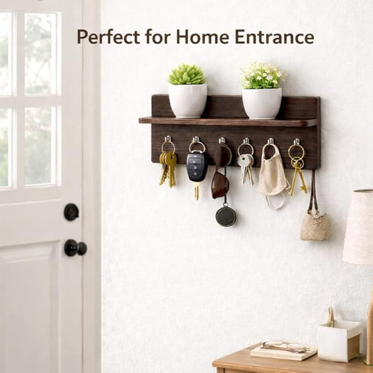 Premium Wooden Key Holder for Wall with Shelf | 6 Hooks Wall Mounted Key Organizer Rack | Decorative Entryway Key Hanger for Keys, Sunglasses & Accessories | 9 x 6 Inch (1)