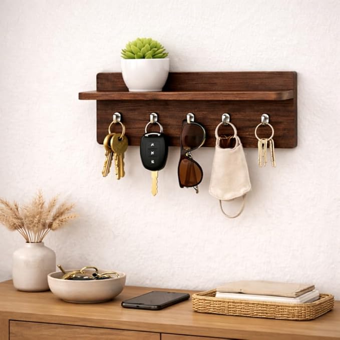 Premium Wooden Key Holder for Wall with Shelf | 6 Hooks Wall Mounted Key Organizer Rack | Decorative Entryway Key Hanger for Keys, Sunglasses & Accessories | 9 x 6 Inch (1)