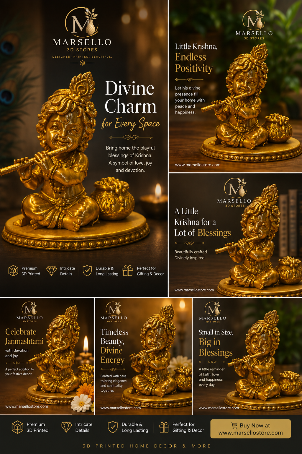 🦚 Little Krishna 3D Printed Premium Golden Statue