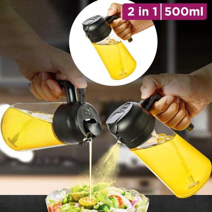 A 2-in-1 Oil Dispenser & Oil Sprayer (500 ml) is a versatile kitchen tool that combines pouring and spraying in one bottle, making it ideal for cooking, baking, grilling, and salads.