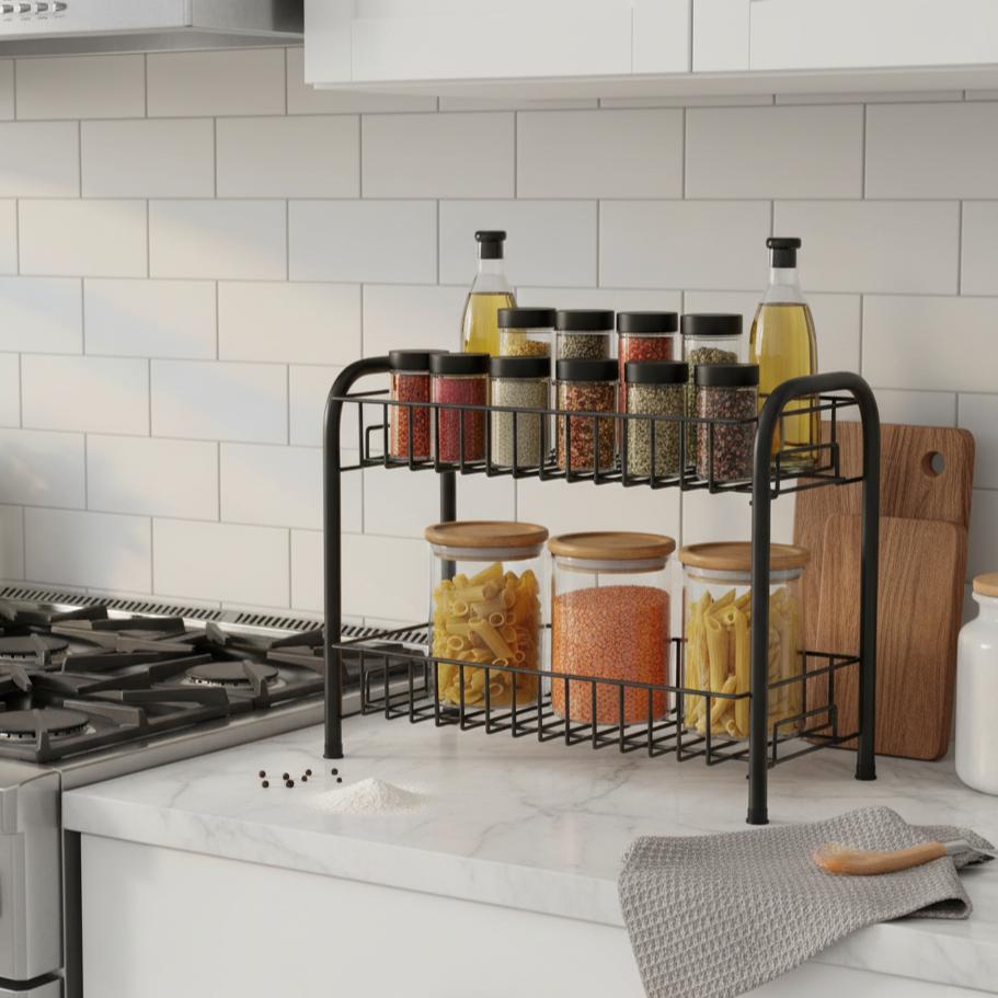 Containers Kitchen Rack Iron Metal 2 Layer Kitchen Racks Organizer Stand - Black