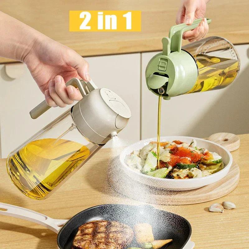 A 2-in-1 Oil Dispenser & Oil Sprayer (500 ml) is a versatile kitchen tool that combines pouring and spraying in one bottle, making it ideal for cooking, baking, grilling, and salads.