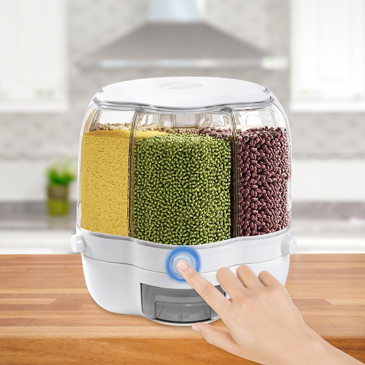 360° Rotating Multi-Grain Storage Container with Drawer | 6 Grid Airtight Rice & Dal Dispenser Box | On Touch Button Food Storage Organizer | Transparent Kitchen Cereal, Pulses, Dry Fruit Storage Box
