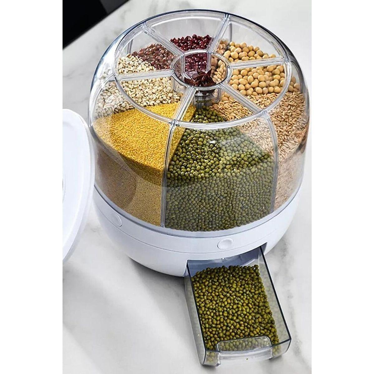 360° Rotating Multi-Grain Storage Container with Drawer | 6 Grid Airtight Rice & Dal Dispenser Box | On Touch Button Food Storage Organizer | Transparent Kitchen Cereal, Pulses, Dry Fruit Storage Box