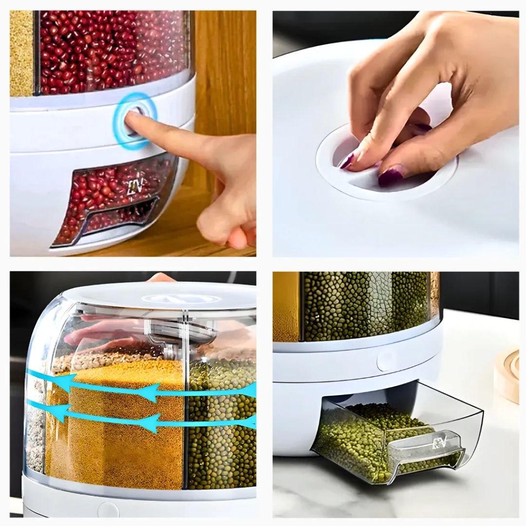 360° Rotating Multi-Grain Storage Container with Drawer | 6 Grid Airtight Rice & Dal Dispenser Box | On Touch Button Food Storage Organizer | Transparent Kitchen Cereal, Pulses, Dry Fruit Storage Box